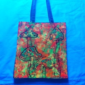 Τσάντα glow in the dark με χειροποίητο σχέδιο μανιταρια - ύφασμα, ώμου, φλοράλ, πάνινες τσάντες - 3
