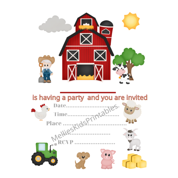 Farm party invitation English, digital product (for printing at home), 5*7 inches, 2,5*3,5 inches - birthday, party, κάρτες, προσκλητήρια