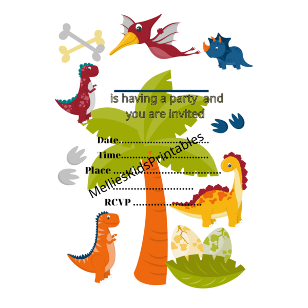 Dinosaurs party invitation English, digital product for printing at home, 5*7inches,  2,5*3,5 inches. - party, κάρτες, προσκλητήρια