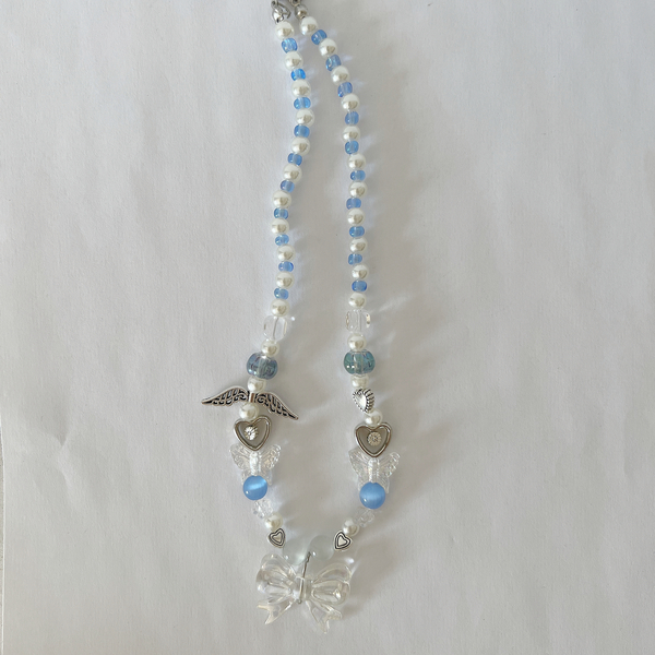 κολιέ κοντό με χάντρες και διάφορα στοιχεία - τσόκερ, κοντά, ατσάλι, seed beads, μπλε χάντρα - 3