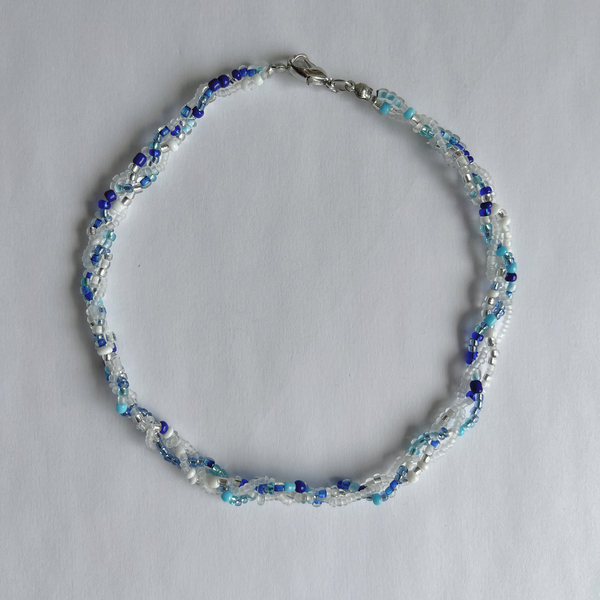 Κολιέ κοντό μπλε seed beads σε σχήμα πλεξούδα - τσόκερ, κοντά, ατσάλι, seed beads, μπλε χάντρα