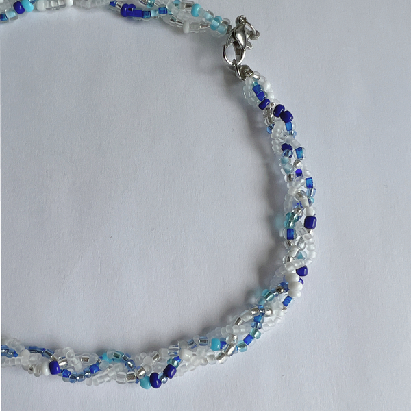 Κολιέ κοντό μπλε seed beads σε σχήμα πλεξούδα - τσόκερ, κοντά, ατσάλι, seed beads, μπλε χάντρα - 2