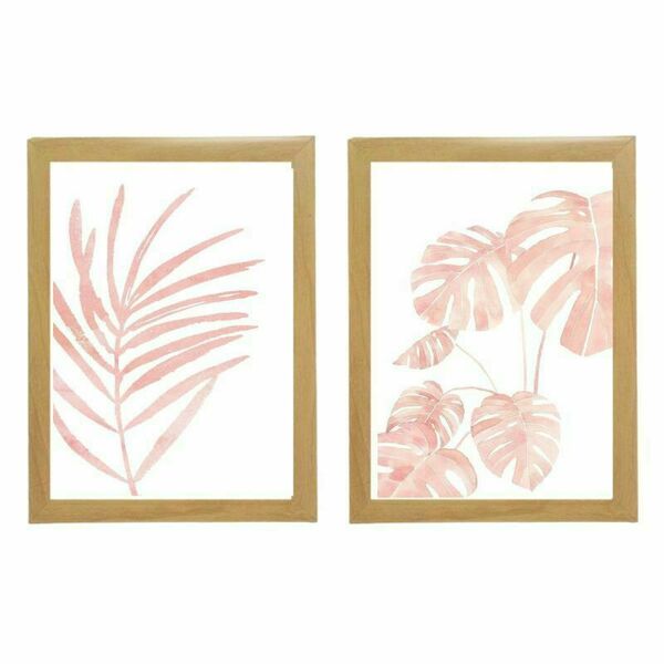 Σετ 2 καδράκια " palm leaves " σε ροζ χρώμα με ξύλινη κορνίζα σε γκρι ή φυσικό χρώμα (21 χ 16 εκ. ) - πίνακες & κάδρα, διακόσμηση σαλονιού