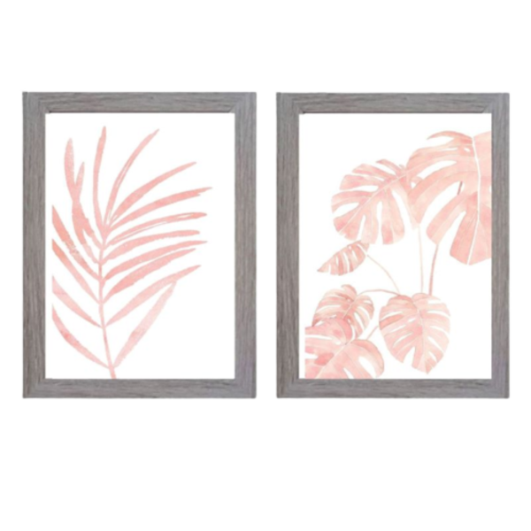 Σετ 2 καδράκια " palm leaves " σε ροζ χρώμα με ξύλινη κορνίζα σε γκρι ή φυσικό χρώμα (21 χ 16 εκ. ) - πίνακες & κάδρα, διακόσμηση σαλονιού - 2