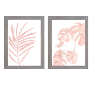 Σετ 2 καδράκια " palm leaves " σε ροζ χρώμα με ξύλινη κορνίζα σε γκρι ή φυσικό χρώμα (21 χ 16 εκ. ) - πίνακες & κάδρα, διακόσμηση σαλονιού - 2