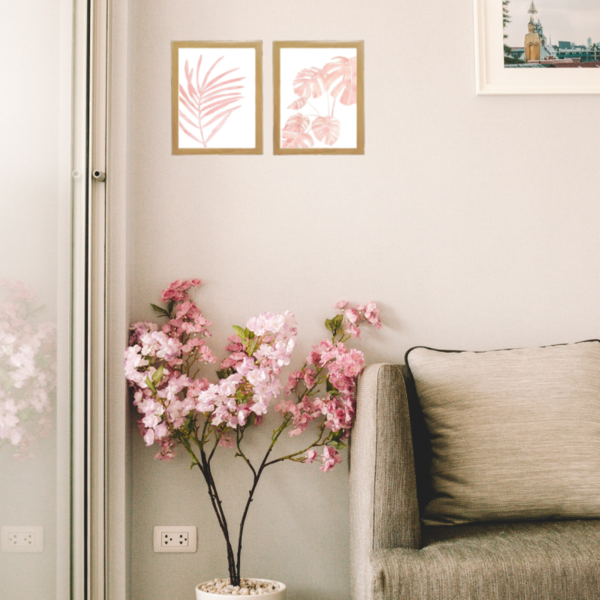 Σετ 2 καδράκια " palm leaves " σε ροζ χρώμα με ξύλινη κορνίζα σε γκρι ή φυσικό χρώμα (21 χ 16 εκ. ) - πίνακες & κάδρα, διακόσμηση σαλονιού - 3