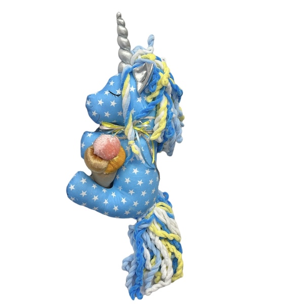 Μονόκερος βαμβακερός γαλάζιος,33cm ύψος ,με μαλλιά πολύχρωμα - δώρα για βάπτιση, λούτρινα, παιχνίδια, μονόκερος, δώρα για μωρά - 3