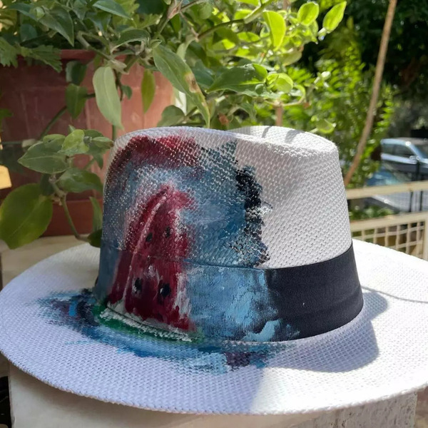 Ζωγραφισμένο ψάθινο καπέλο-Καρπούζι - ψάθινα - 2