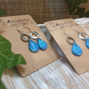 "Sea Drops" Ι Χειροποίητα boho καλοκαιρινά κρεμαστά σκουλαρίκια από πολυμερικό πηλό με τεχνική marble - 5 cm - χρώμα μπλε - δάκρυ, πηλός, μικρά, κρεμαστά, γάντζος