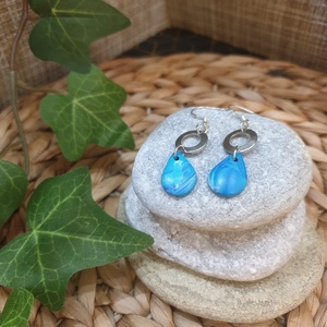 "Sea Drops" Ι Χειροποίητα boho καλοκαιρινά κρεμαστά σκουλαρίκια από πολυμερικό πηλό με τεχνική marble - 5 cm - χρώμα μπλε - δάκρυ, πηλός, μικρά, κρεμαστά, γάντζος - 2