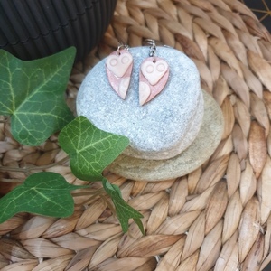 "Pearl Heart Owl" I Χειροποίητα μοντέρνα κρεμαστά σκουλαρίκια από πολυμερικό πηλό - 4,5cm - χρώμα ροζ - πηλός, μικρά, κρεμαστά, γάντζος - 2