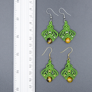Σκουλαρίκια, πράσινο χρώματος, με Μάτι της Τίγρης, γάντζοι από ασήμι 925 - ημιπολύτιμες πέτρες, μακραμέ, μικρά, κρεμαστά - 2