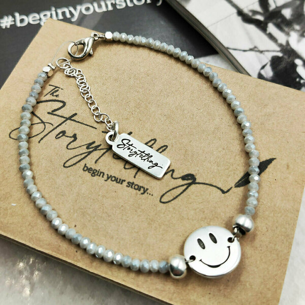 Βραχιόλι µε γκρι γυάλινες πέτρες και smiley face - ορείχαλκος, επάργυρα, χάντρες, χεριού, αυξομειούμενα - 3