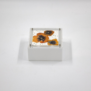 Κουτί από plexi glass λευκή βάση- διάφανο καπάκι και ζωγραφισμένους πανσέδες ( πορτοκαλί) - κουτί, οργάνωση & αποθήκευση, plexi glass, λουλουδάτο
