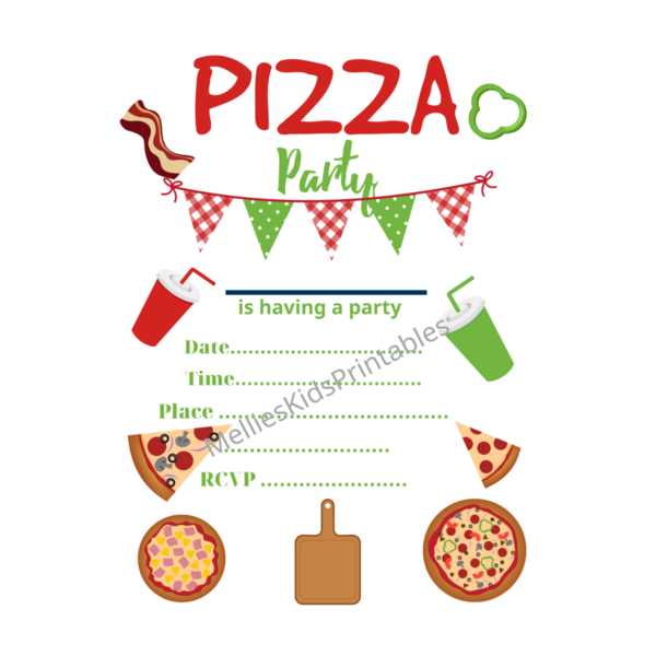 Pizza party invitation, digital product for printing at home, 5*7 inches,  2,5*3,5 inches. - birthday, party, κάρτες, προσκλητήρια