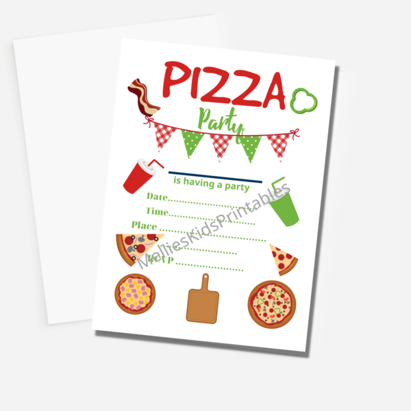 Pizza party invitation, digital product for printing at home, 5*7 inches,  2,5*3,5 inches. - birthday, party, κάρτες, προσκλητήρια - 2