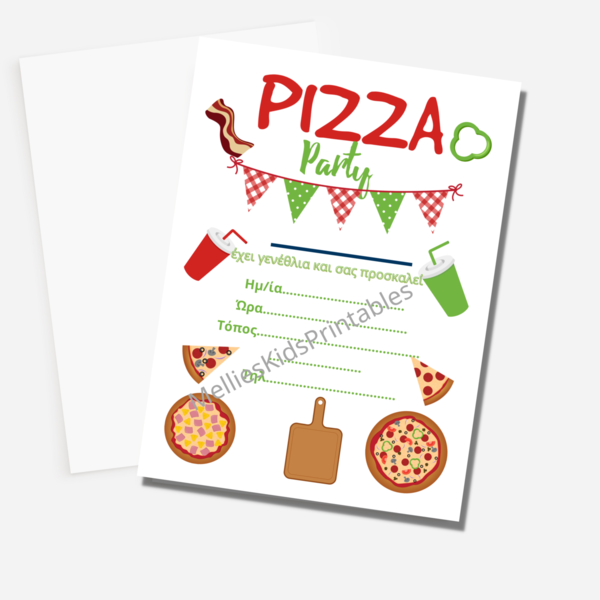 Πίτσα πρόσκληση γενεθλίων blank, ψηφιακό προϊόν (για εκτύπωση στο σπίτι) 8*14 εκ. και 14*21 εκ. - birthday, party, κάρτες, προσκλητήρια - 2