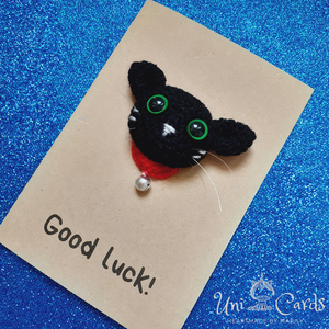Ευχετήρια κάρτα με πλεκτή μαύρη γάτα για "Καλή Τύχη" - γάτα, γατούλα, γενική χρήση - 3