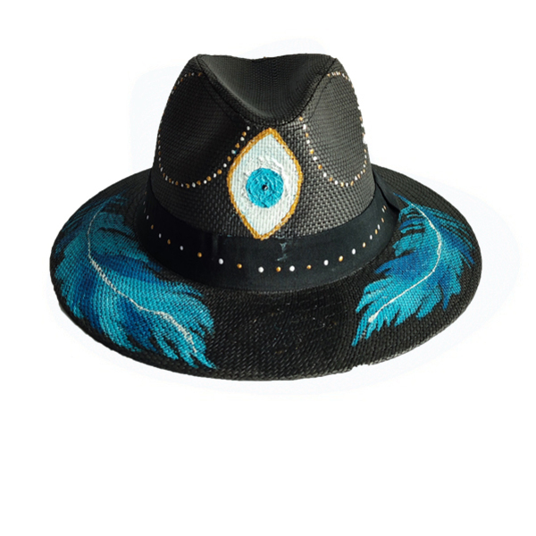 Ψάθινο καπέλο ζωγραφισμένο -Blue Feathers - ψάθινα