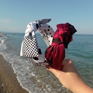Στέκα σε άσπρο μαύρο υφασμάτινη με κόμπο φιόγκο. Πάχος 4εκ. - ύφασμα, απαραίτητα καλοκαιρινά αξεσουάρ, Black Friday, στέκες - 2