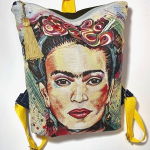 Τσαντα πλατης χειροποιητο backpack απο ύφασμα με τη Frida. - ύφασμα, πλάτης, σακίδια πλάτης, μεγάλες, all day
