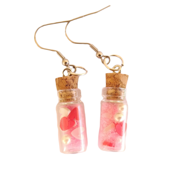 Σκουλαρίκια κρεμαστά φιαλίδια με ροζ άμμο και καρδούλες Αγίου Βαλεντίνου / μικρά / ατσάλι / Twice Treasured - ατσάλι, boho, κρεμαστά, γάντζος, αγ. βαλεντίνου - 2