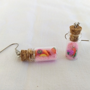 Σκουλαρίκια κρεμαστά φιαλίδια με ροζ άμμο και φρουτάκια / μικρά / ατσάλι / Twice Treasured - ατσάλι, boho, κρεμαστά, φρούτα - 4