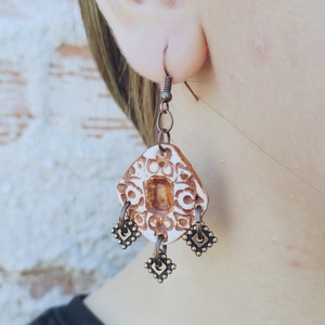 "About old love"Handmade Embossed Dangle Earrings (6.0cm Height) - χαλκός, πηλός, boho, κρεμαστά - 4