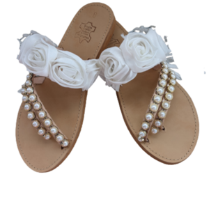 Δερματινα Σανδάλια White Pearls and Roses - δέρμα, πέρλες, φλατ, slides
