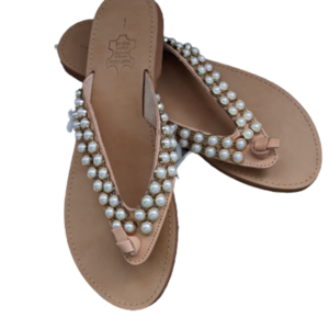 Δερμάτινα Σανδάλια White Pearls Sandals - δέρμα, πέρλες, φλατ, διχαλωτά