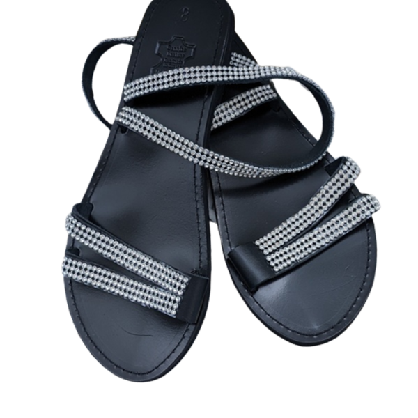 Δερμάτινα Σανδάλια Black Sandals with Strass - δέρμα, στρας, φλατ, ankle strap