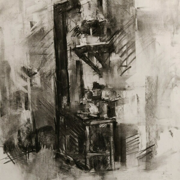 Ασπρόμαυρο σχέδιο εσωτερικός χώρος εργαστηρίου, κάρβουνο σε χαρτί 70cmx50cm - πίνακες & κάδρα, πίνακες ζωγραφικής - 2