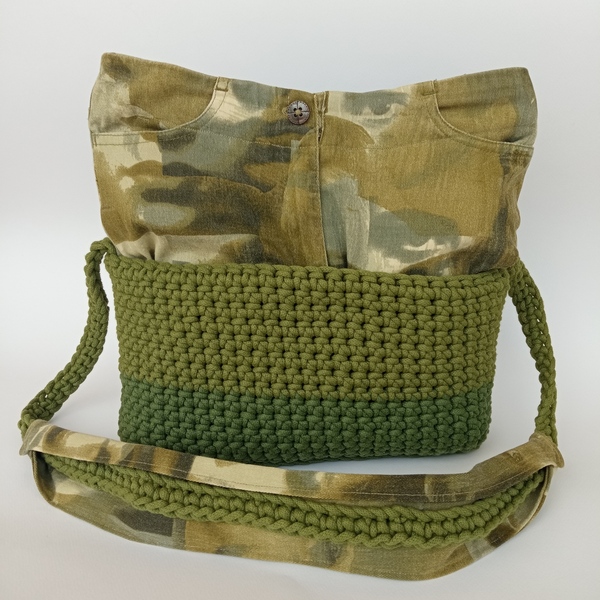 Χειροποίητη τσάντα πλεγμένη με βελονάκι και επένδυση ύφασμα σε φθινοπωρινές αποχρώσεις - ύφασμα, νήμα, ώμου, all day, πλεκτές τσάντες - 2