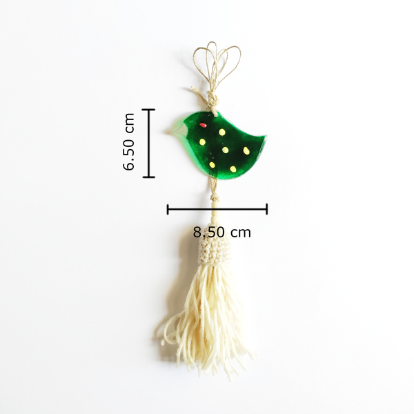 Γούρι, γυάλινο πουλί, πράσινο πουά 8.50x6.50cm - μπομπονιέρα, με φούντες, χειροποίητα, γούρια - 5