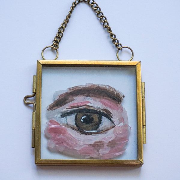 Μικρή γυάλινη κορνίζα με ζωγραφιά μάτι - 5 x 5 cm - πίνακες & κάδρα, πίνακες ζωγραφικής