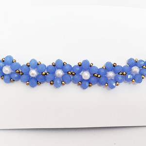 Βραχιόλι πλεχτό με μπλε κρυσταλλάκια - αλυσίδες, χάντρες, λουλούδι, χεριού, αυξομειούμενα - 2