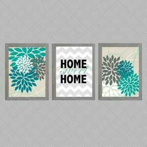 Σετ 3 καδράκια " Home sweet home " σε γκρι-τυρκουαζ με ξύλινη κορνίζα σε γκρι χρώμα (21 χ 16 εκ. ) - πίνακες & κάδρα, διακόσμηση σαλονιού, πίνακες ζωγραφικής - 3