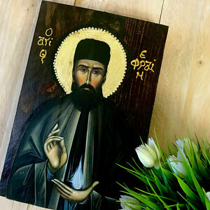 Άγιος Εφραίμ της Νέας Μάκρης Χειροποίητη Εικόνα 14x21cm - πίνακες & κάδρα, πίνακες ζωγραφικής, εικόνες αγίων - 4