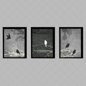 Σετ 3 καδράκια " birds in gray-black " με ξύλινη κορνίζα σε μαύρο χρώμα (21 χ 16 εκ. ) - πίνακες & κάδρα, διακόσμηση σαλονιού - 3