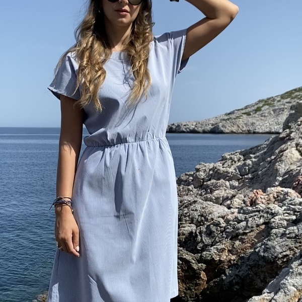 Μπλε ριγέ βαμβακερό φόρεμα - βαμβάκι, ριγέ