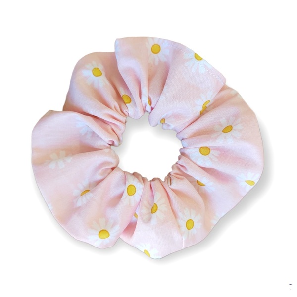 Υφασμάτινο Λάστιχο Μαλλιών Scrunchie Ροζ Μαργαρίτες - ύφασμα, λαστιχάκια μαλλιών