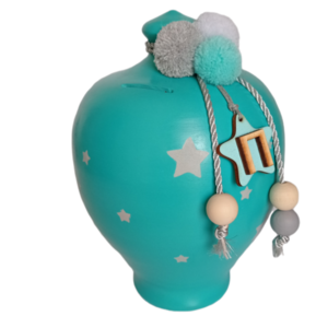Κουμπαράς πήλινος βεραμαν με ξύλινο μονόγραμμα και αστέρια Γίγας 38εκ.ύψος - αγόρι, personalised, κουμπαράδες, δώρα για μωρά