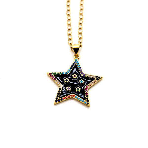 Ατσάλινο κολιέ με μεγάλο μαύρο αστέρι επισμαλτωμένο με πολύχρωμα ζιργκόν - charms, επιχρυσωμένα, αστέρι, μακριά, ατσάλι