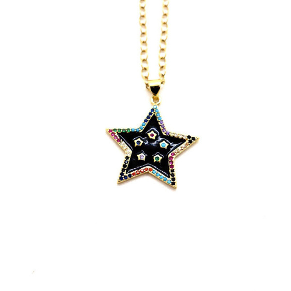 Ατσάλινο κολιέ με μεγάλο μαύρο αστέρι επισμαλτωμένο με πολύχρωμα ζιργκόν - charms, επιχρυσωμένα, αστέρι, μακριά, ατσάλι - 2