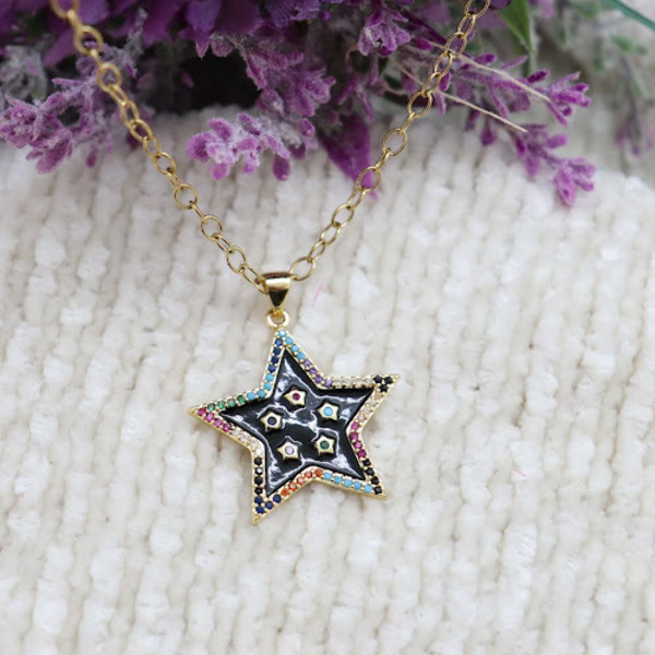 Ατσάλινο κολιέ με μεγάλο μαύρο αστέρι επισμαλτωμένο με πολύχρωμα ζιργκόν - charms, επιχρυσωμένα, αστέρι, μακριά, ατσάλι - 3