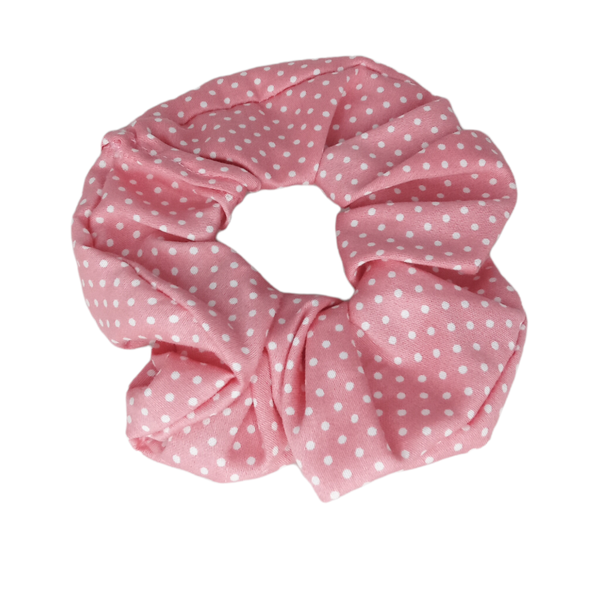 Pink polka dot cotton scrunchie - ύφασμα, χειροποίητα, 100% φυσικό, λαστιχάκια μαλλιών, φθηνά - 3