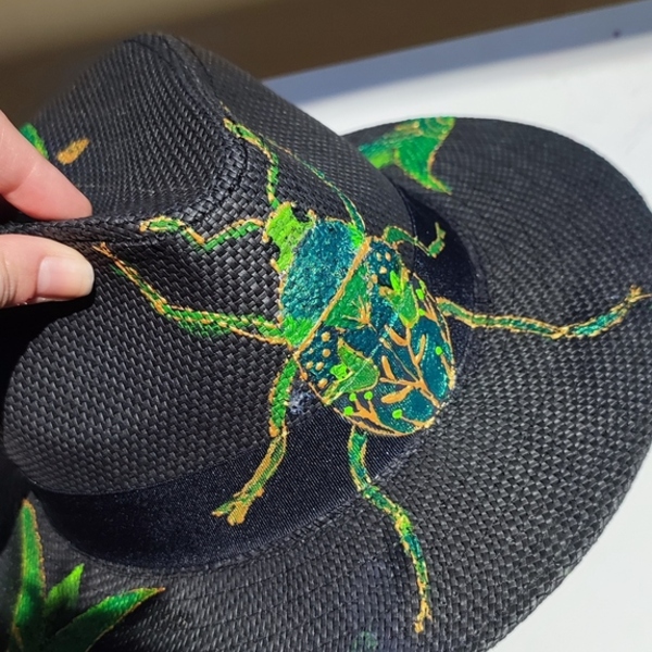 Ψάθινο καπέλο ζωγραφισμε΄νο -Εgyptian scarab beetle - ψάθινα - 2