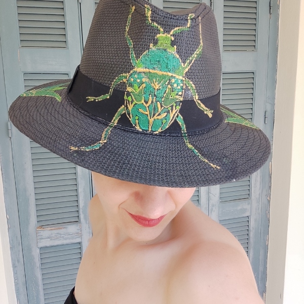 Ψάθινο καπέλο ζωγραφισμε΄νο -Εgyptian scarab beetle - ψάθινα - 3