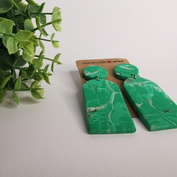 Πράσινα σκουλαρικια με εφέ μαρμαρου και ατσάλινο κούμπωμα - πηλός, boho, κρεμαστά, μεγάλα, καρφάκι - 3