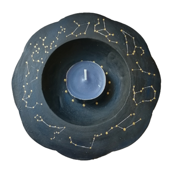Πιατάκι αστερισμοί ζωδίων ανάγλυφο στρογγυλό τσιμεντένιο μαύρο-μπλε-χρυσό 15εκΧ3εκ - τσιμέντο, ζώδια, διακοσμητικά
